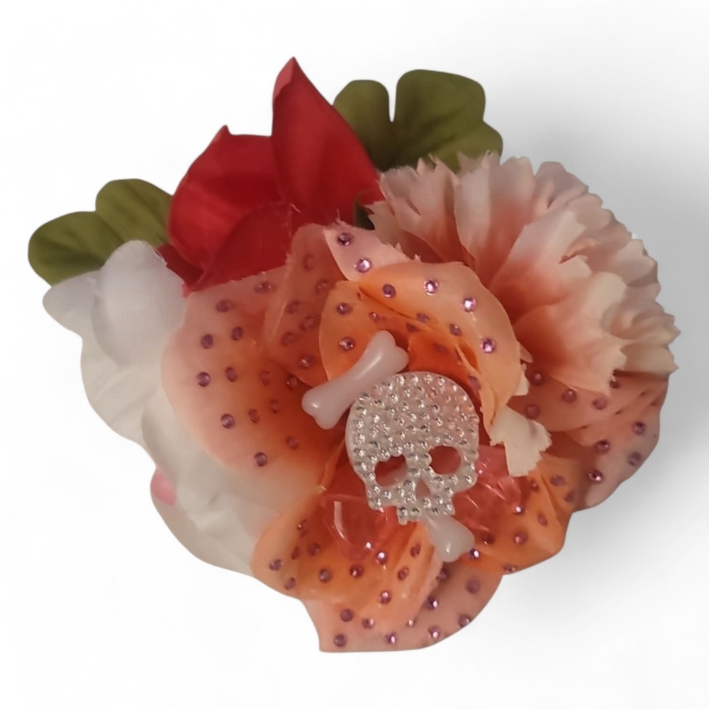 Floral Hair Clip with Skull Accent Pinup